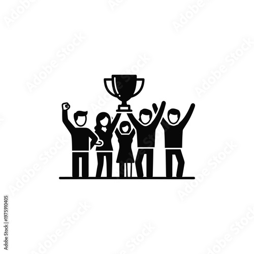 A group of people celebrating with a trophy in a victorious moment