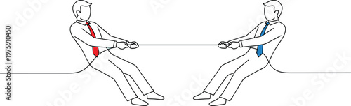 business competition tug of war, two businessmen pulling rope, leadership conflict, corporate rivalry, teamwork challenge, strategy, negotiation concept illustration