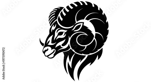 Aries Zodiac Sign Ram Head Black and White Illustration.