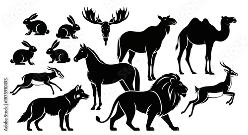 Collection of various wild animal silhouettes on a white background.