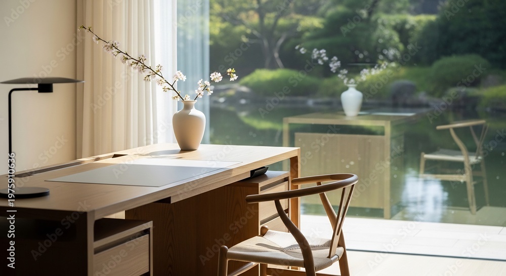 Obraz premium Serene Home Office with Garden View and Natural Light.