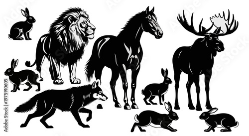 Collection of various wild animals in silhouette style.