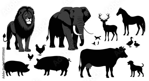 Diverse collection of animal silhouettes featuring wild and domestic creatures for various design projects.