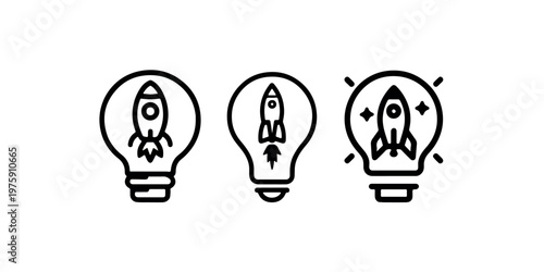 Innovative lightbulb rocket launch vector icon set symbolizing creative startup ideas and professional business growth strategies for modern technology