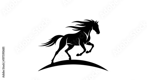 Dynamic black horse silhouette galloping with flowing mane and tail.