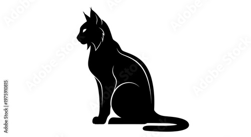 Elegant Black Cat Silhouette Sitting Gracefully on a White Background.