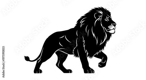 Majestic black lion silhouette walking with powerful stride and detailed mane on a clean white background.
