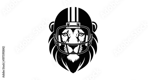 Lion wearing a football helmet, black and white illustration.