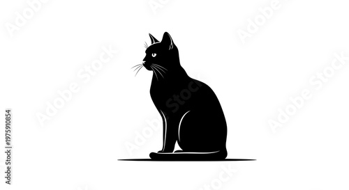Elegant Black Cat Silhouette Sitting Gracefully on a White Background.