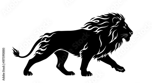 Foto Majestic Black Lion Silhouette with Fiery Mane and Tail.