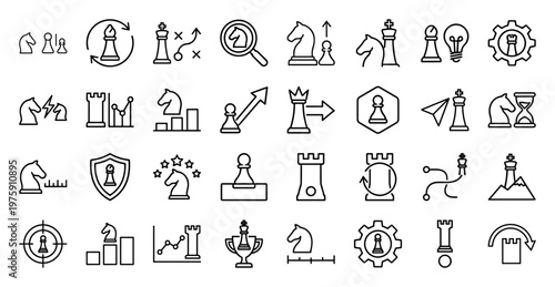 Business Strategy and Chess Leadership Outline Icons
