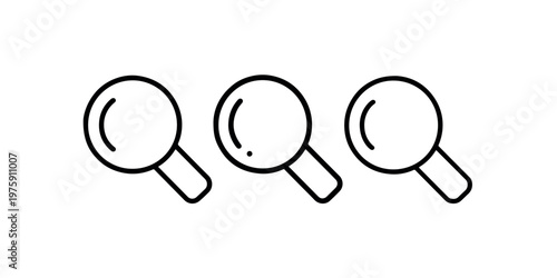 Set of minimalist magnifying glass icons with thick black outlines for search and discovery concepts isolated on plain white background for web design