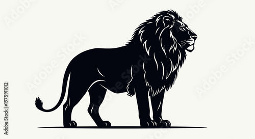 Majestic black lion standing proudly on a light background.