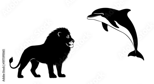 Black silhouette of a majestic lion and a playful dolphin.