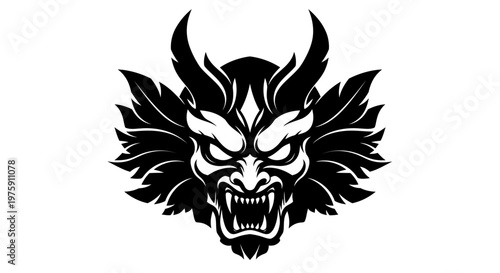 Ferocious black and white dragon head with sharp horns and fangs, a powerful mythical creature illustration.