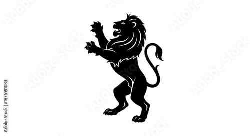 Black silhouette of a majestic lion rampant on a white background.