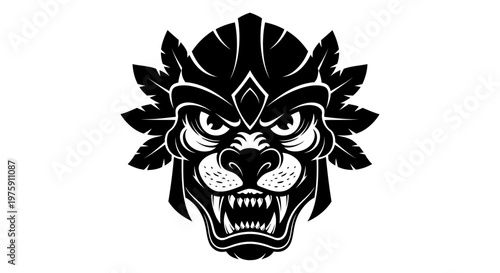 Fierce black panther head with tribal headdress.