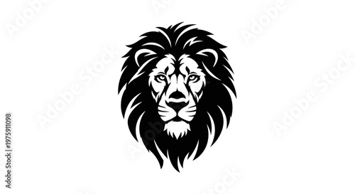 Majestic black and white lion head illustration with powerful mane and fierce expression.