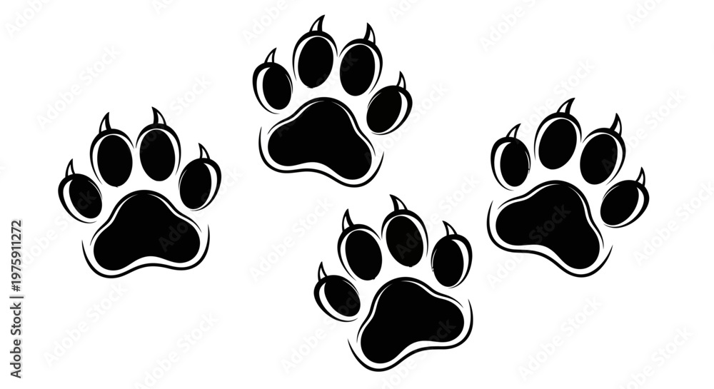 Fototapeta premium Four black animal paw prints isolated on a white background.