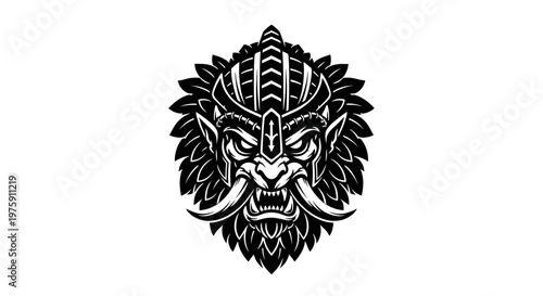 Fierce mythical creature head illustration with intricate details.