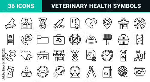 Minimalist veterinary and pet care line icons for animal health and grooming services.