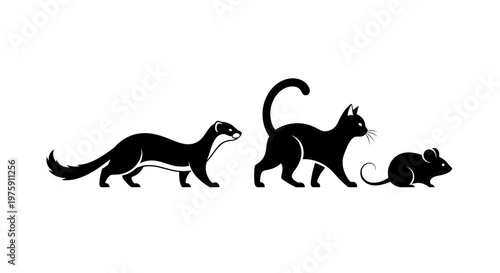 Black silhouettes of a weasel, cat, and mouse in a row.