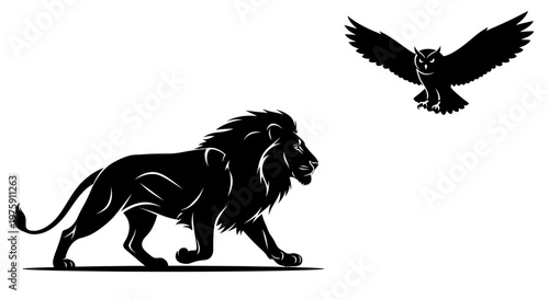 Black silhouettes of a majestic lion and a wise owl in a striking graphic illustration.