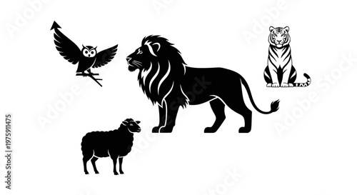 Collection of black silhouettes of various animals including an owl, lion, tiger, and sheep on a white background.