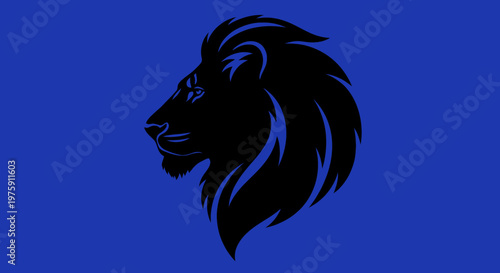 Majestic Lion Head Silhouette on Blue Background.