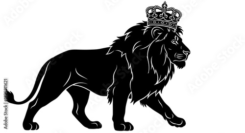 Majestic Black Lion Wearing a Crown Walking Proudly.