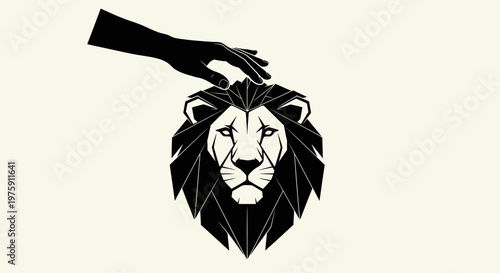 Hand gently touching the majestic head of a stylized black lion.