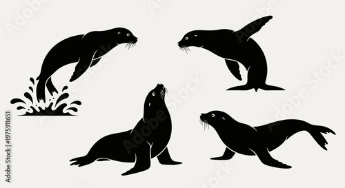 Graceful Sea Lion Silhouettes in Various Dynamic Poses.
