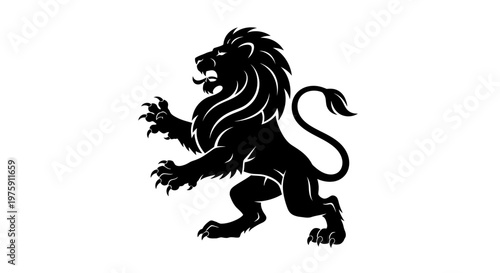 Majestic Black Lion Heraldic Symbol Roaring on White Background.