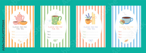 Tea party invitation card set with cute hand drawn illustrations, tea party banners with teapots, mugs, lemon, cookies and candles on striped background, fillable party invitation template bundle