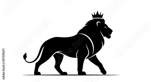 Majestic black lion with a crown walking proudly, a symbol of royalty and strength.