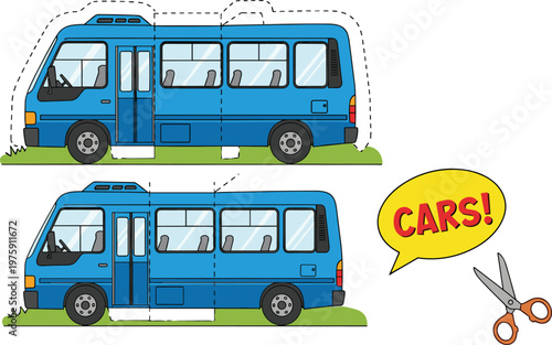 paper craft bus template, cut and assemble vehicle, DIY transport model, printable activity, kids education, creative design, vector illustration, school project, fun craft