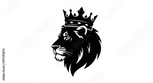 Majestic Lion Head with Crown Black and White Illustration.