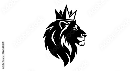 Majestic Lion Head with Crown Black and White Illustration.