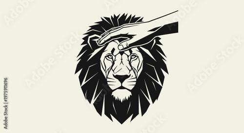 Hand petting a majestic lions head, symbolizing strength and compassion.