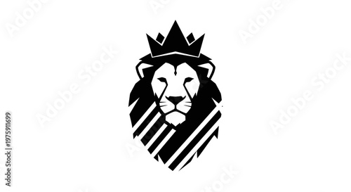 Majestic Lion Head with Crown Black and White Illustration.