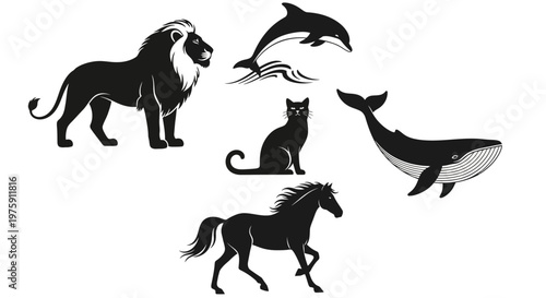 Collection of various animal silhouettes including a lion, dolphin, cat, whale, and horse.