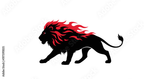 Majestic Black Lion with Fiery Red Mane on White Background.