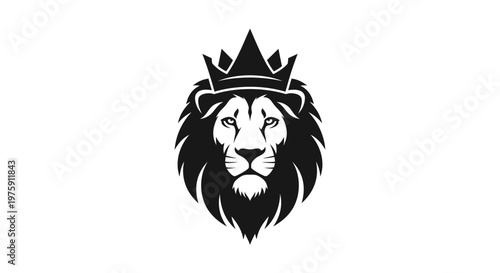 Majestic Lion Head with Crown Black and White Vector Illustration.