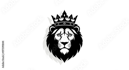 Majestic Lion Head with Crown Black and White Vector Illustration.