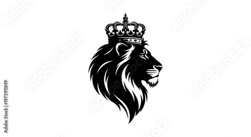 Majestic Lion Head with Crown Black and White Vector Illustration.