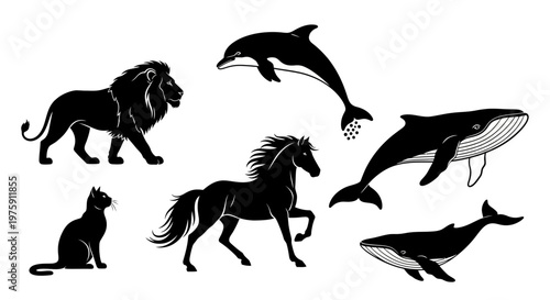 Collection of various animal silhouettes including a lion, horse, cat, dolphin, and whales.