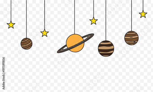 Drawn planets and stars hanging by strings on a with solar system gas giant celestial body outer space hanging decorations space theme ringed planet yellow star astronomy