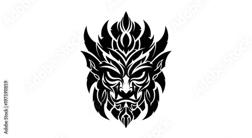 Intricate Tribal Mask Design with Fierce Expression.