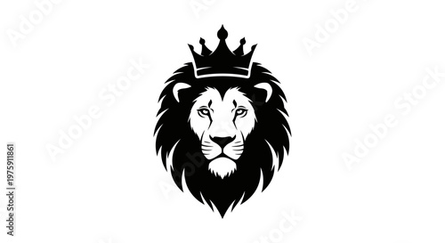 Majestic Lion Head with Crown Black and White Vector.