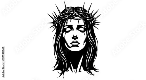 Jesus Christ Crown of Thorns Black and White Illustration.